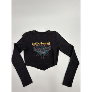 "Wild Spirit" Black Cropped Long Sleeve Top Graphic Tee Distressed Size Small